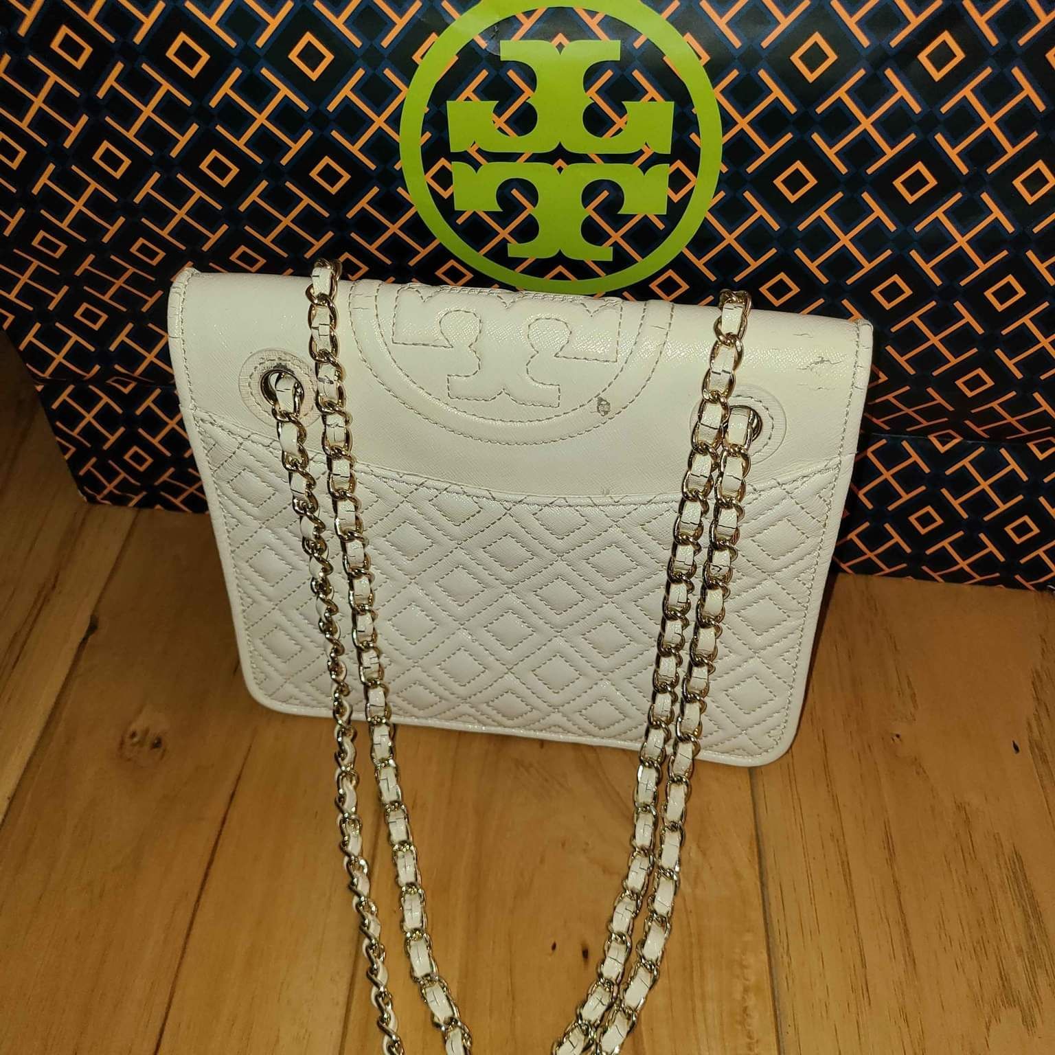 Tory Burch Designer Cream Marion Quilted Foldover Purse Handbag